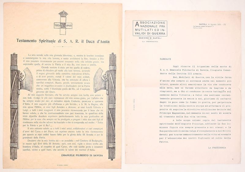 Documenti commemorativi, relativi a Emanuele Filiberto di Savoia