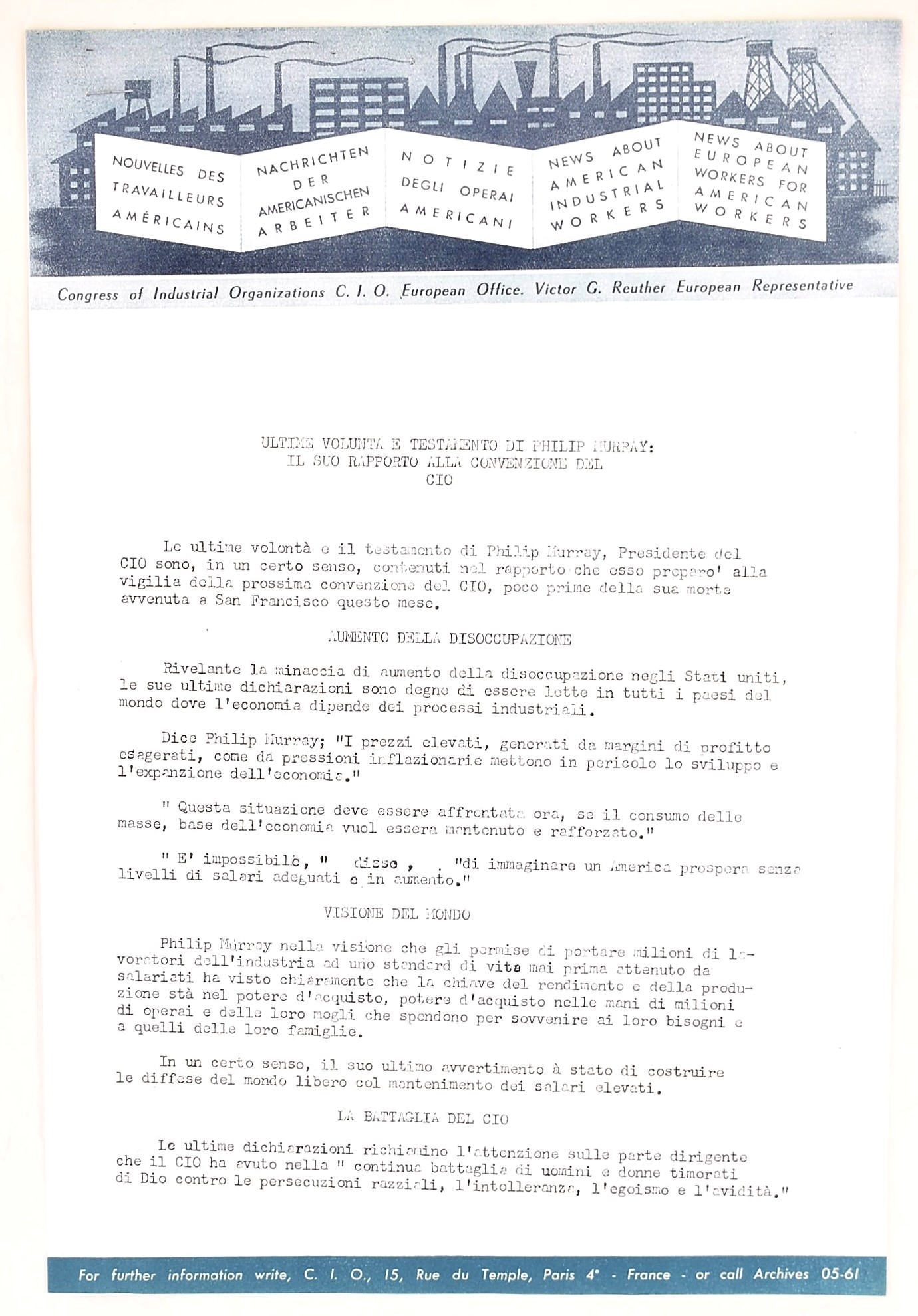Canham, Erwin D.; Reuther, Walter P.; Murray, Philip: Propaganda americana, sindacalismo statunit...