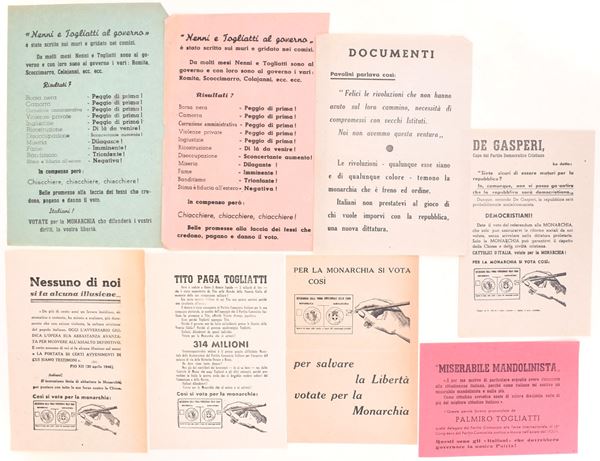 Propaganda monarchica e anticomunista contro Togliatti, Nenni e la Repubblica, Italia, 1946  - Auction Time Auction - The Age of Propaganda: Posters, Flyers, Political Documents, and Archival Ephemera - Casa d'Aste Arcadia