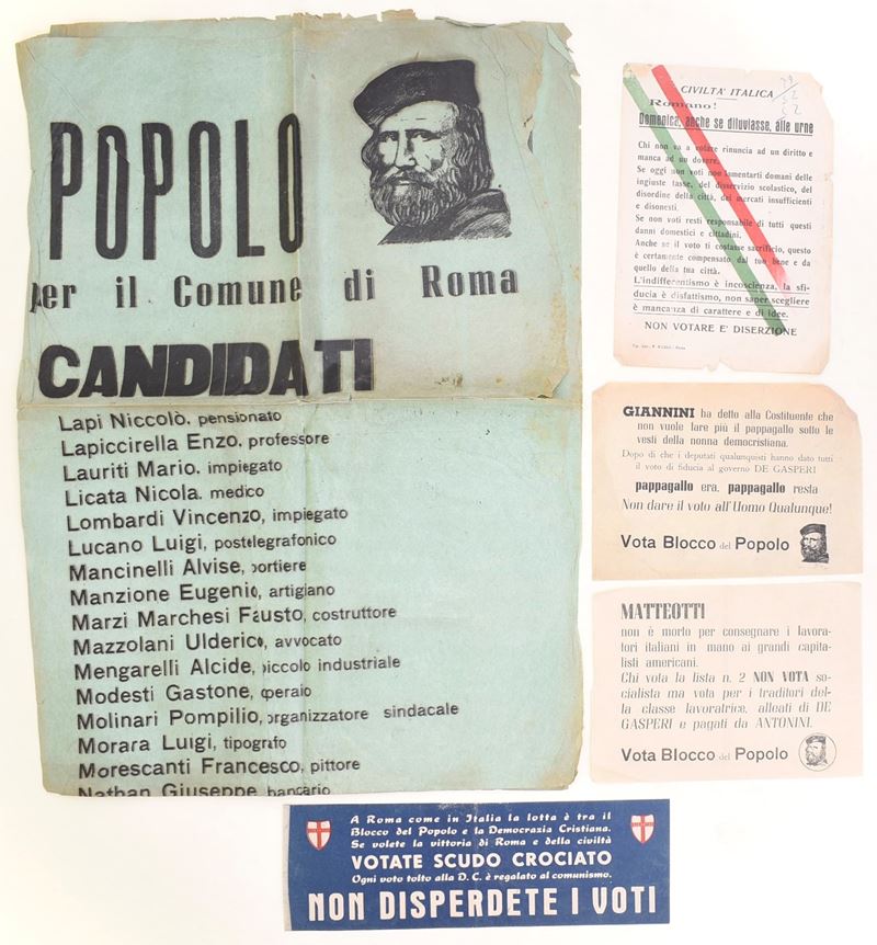 Materiale politico per le amministrative romane del secondo dopoguerra, cinque stampati elettoral...