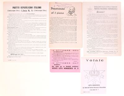 Propaganda elettorale monarchica e repubblicana (Italia 1946–1947), lotto di cinque stampati su c...