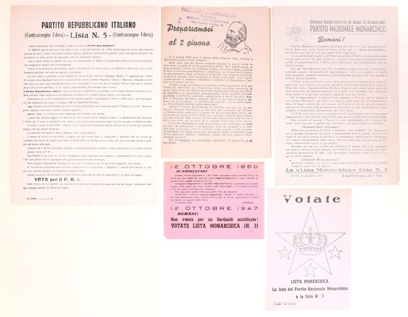 Propaganda elettorale monarchica e repubblicana (Italia 1946–1947), lotto di cinque stampati su c...