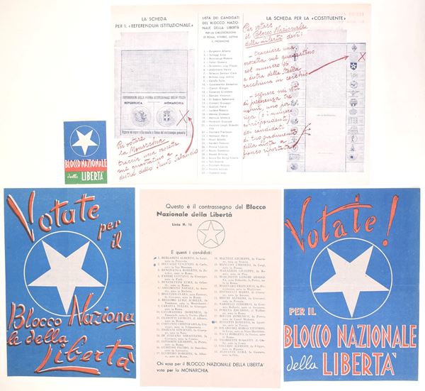 Materiale elettorale del Blocco Nazionale della Libertà  - Asta Asta a Tempo - Il Secolo della Propaganda: manifesti, volantini, documenti politici ed ephemera d'archivio - Casa d'Aste Arcadia