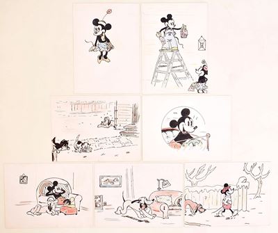 Disegni d’ispirazione Disney, sette illustrazioni su cartoncino (anni ’40/’50 circa)