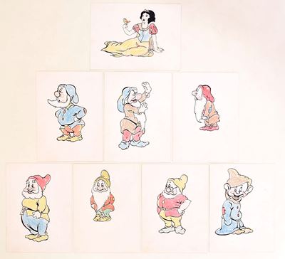 Disegni/illustrazioni con personaggi Disney, Biancaneve e i 7 nani, su cartoncino, anni ’40-’50 c...