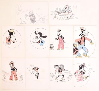 Disegni vintage Disney, fogli su cartoncino con personaggi (china e matite colorate), anni ’40 ci...