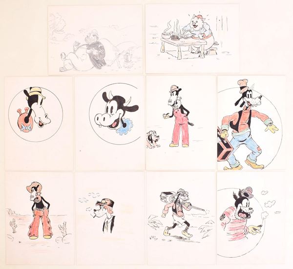 Disegni vintage Disney con vari personaggi, anni ’40 circa  - Asta Asta a Tempo - Il Secolo della Propaganda: manifesti, volantini, documenti politici ed ephemera d'archivio - Casa d'Aste Arcadia