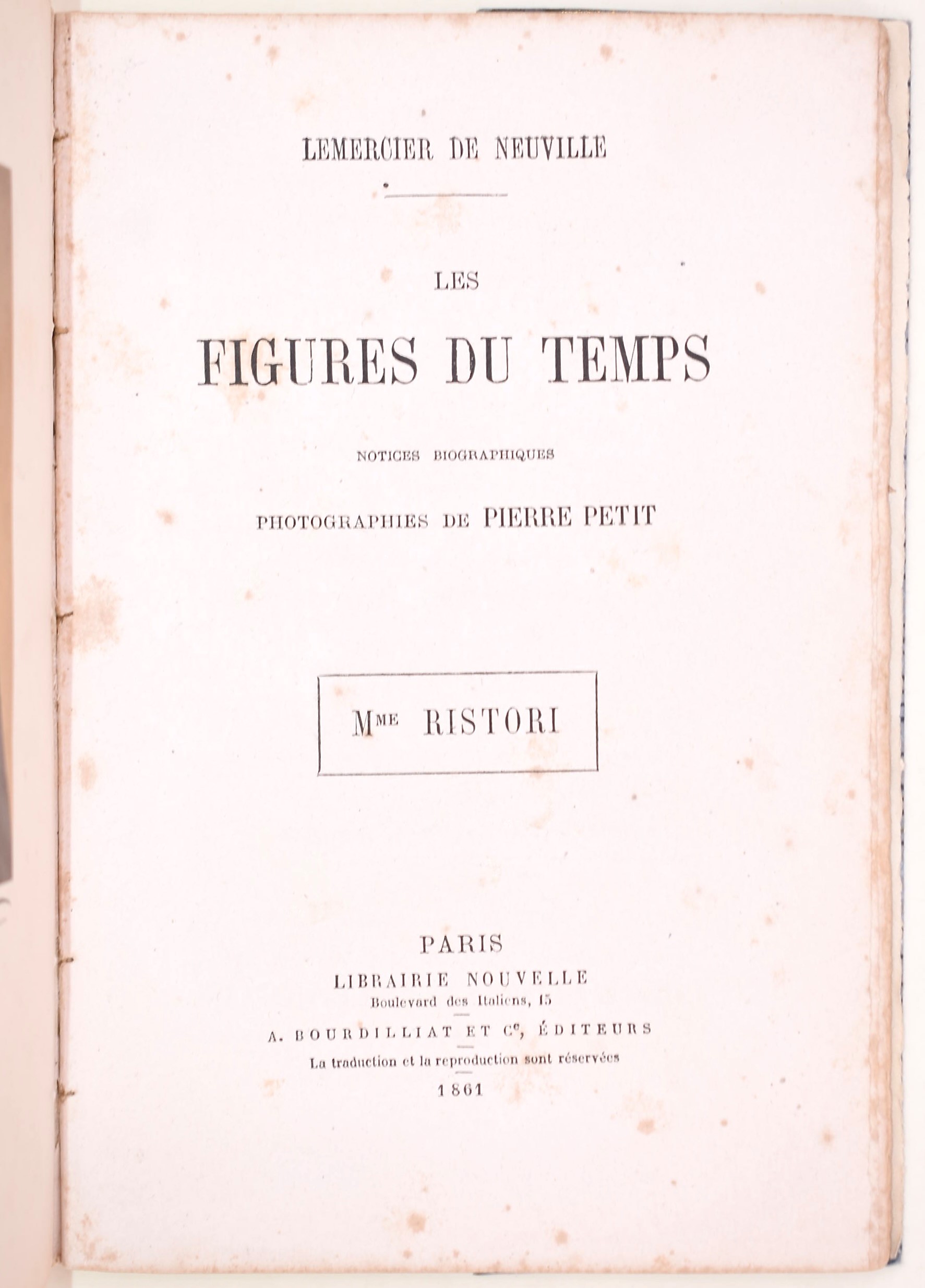 Adelaide Ristori, Le figures du temps, dedica autografa, 1861
