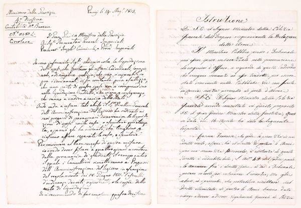 Due lettere manoscritte indirizzate ai Ministri della Polizia Generale e della Giustizia, XIX secolo