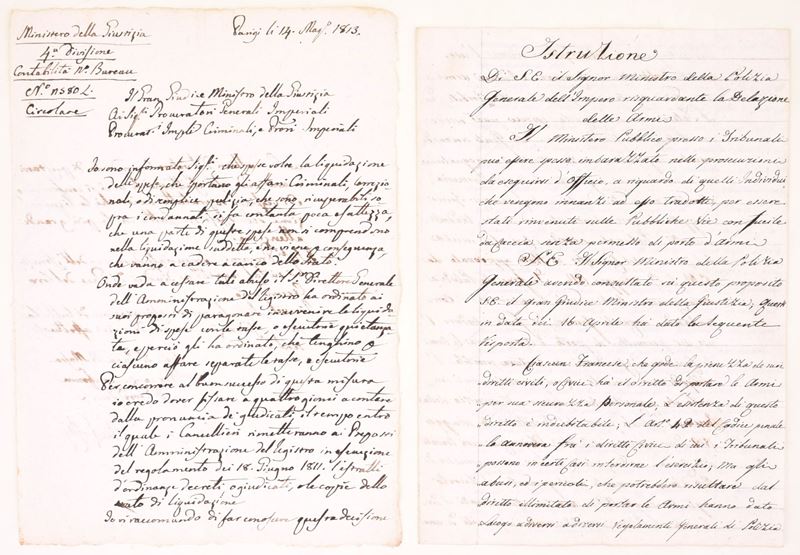 XIX secolo, Due lettere manoscritte indirizzate ai Ministri della Polizia Generale e della Giusti...