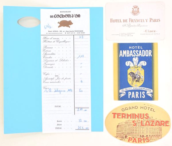 Adesivi e documenti pubblicitari di alberghi francesi e spagnoli, metà XX secolo circa