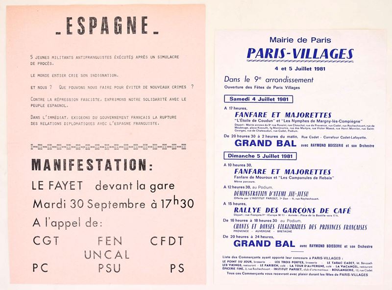 Manifesti francesi, Parigi-Villages (Mairie de Paris) e Protesta antifranchista (Espagne), 1975-1...