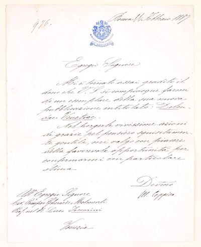 Michele Coppino, Lettera autografa a Pompeo Gherardo Molmenti (Torino, 16 febbraio 1887)