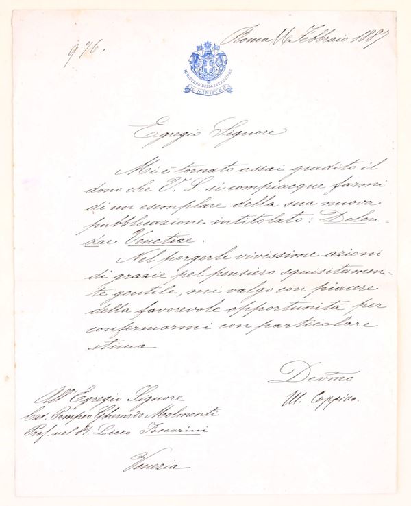 Lettera autografa  di Michele Coppino a Pompeo Gherardo Molmenti, 1887