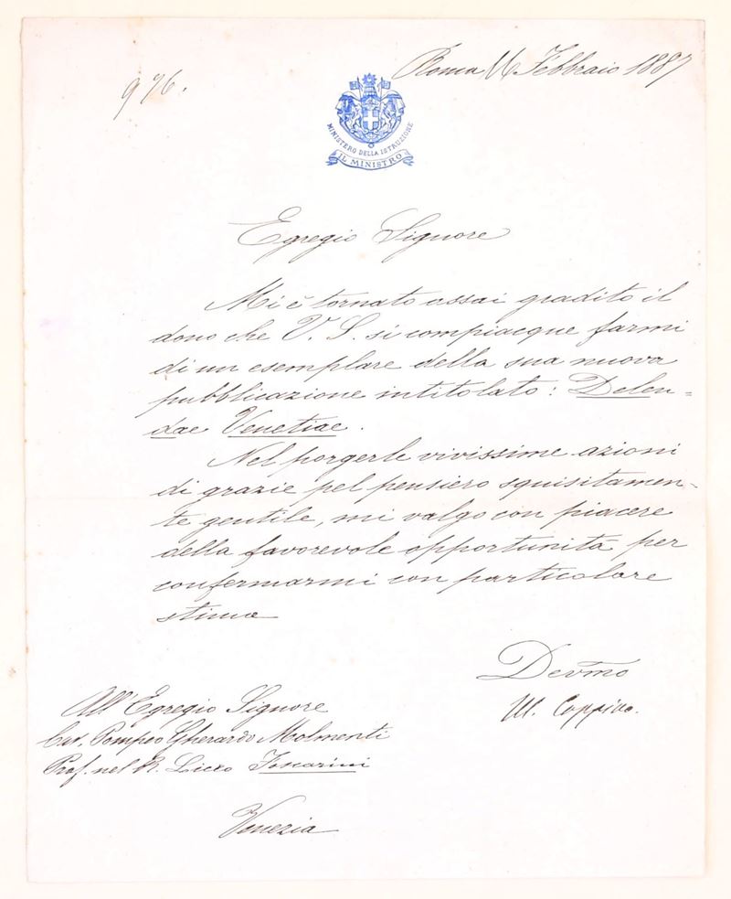 Michele Coppino, Lettera autografa a Pompeo Gherardo Molmenti (Torino, 16 febbraio 1887)