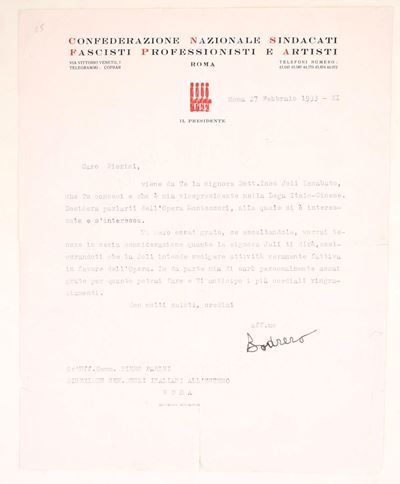 Emilio Bodrero, Lettera della Confederazione Nazionale Sindacati Fascisti Professionisti e Artist...