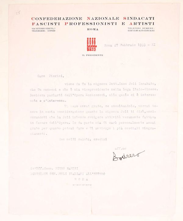 Lettera della Confederazione Nazionale Sindacati Fascisti Professionisti e Artisti a Piero Parini firmata da Emilio Bodrero, 1933-XI  - Auction Time Auction - The Age of Propaganda: Posters, Flyers, Political Documents, and Archival Ephemera - Casa d'Aste Arcadia