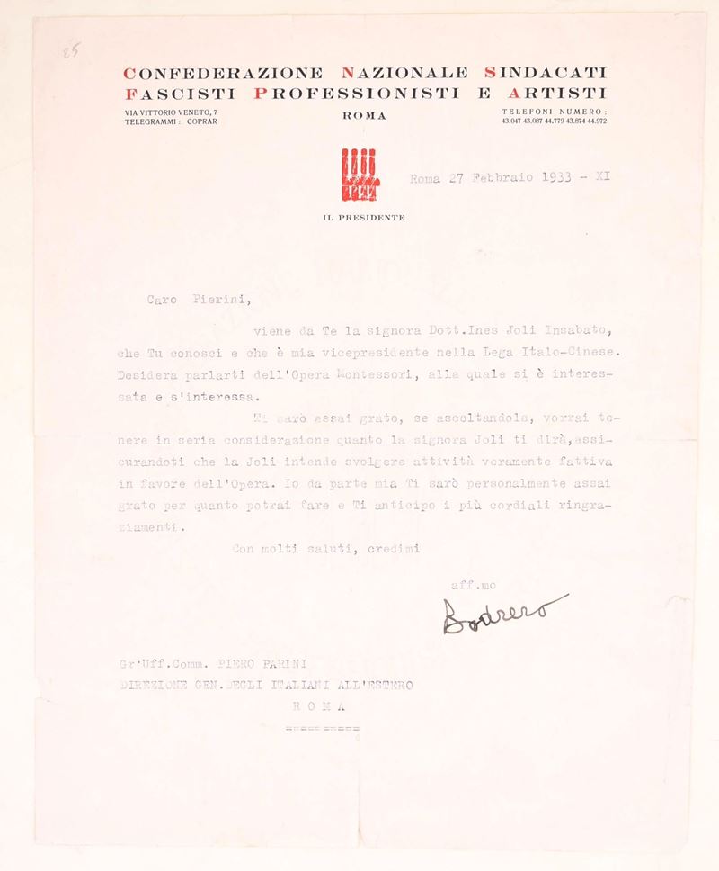 Emilio Bodrero, Lettera della Confederazione Nazionale Sindacati Fascisti Professionisti e Artist...