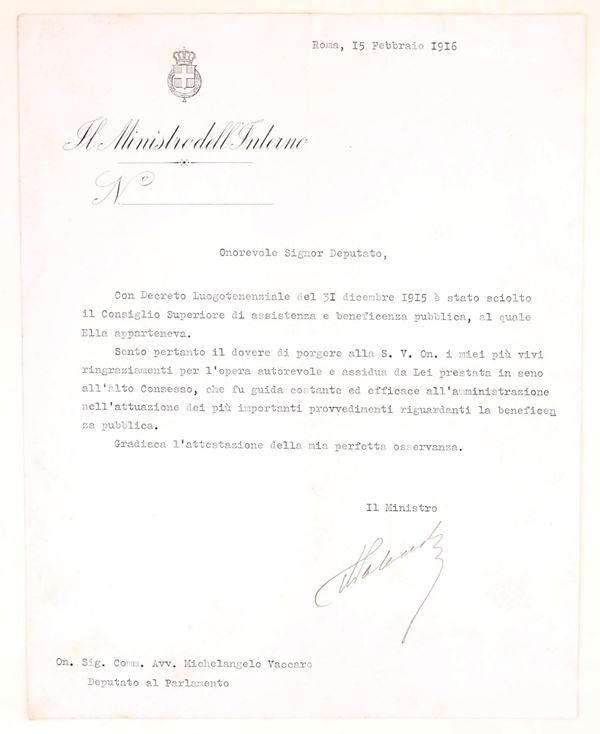 Lettera dattiloscritta con firma autografa di Antonio Salandra a Michelangelo Vaccaro, Roma, 1916  - Auction Time Auction - The Age of Propaganda: Posters, Flyers, Political Documents, and Archival Ephemera - Casa d'Aste Arcadia