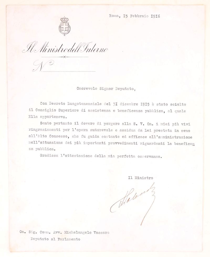 Salandra, Lettera dattiloscritta firmata autografa a Michelangelo Vaccaro, Roma 15 febbraio 1916