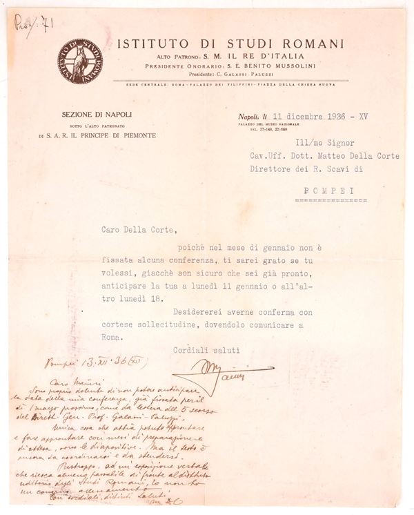 Lettera di Amedeo Maiuri a Matteo Della Corte con risposta autografa in calce, Napoli-Pompei, 1936  - Asta Asta a Tempo - Il Secolo della Propaganda: manifesti, volantini, documenti politici ed ephemera d'archivio - Casa d'Aste Arcadia