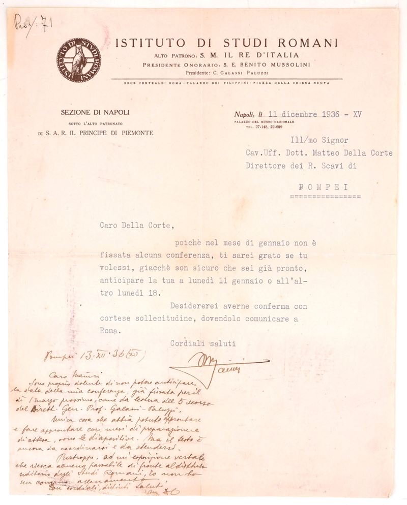 Amedeo Maiuri, Lettera dattiloscritta con firma autografa e risposta autografa di Matteo Della Co...