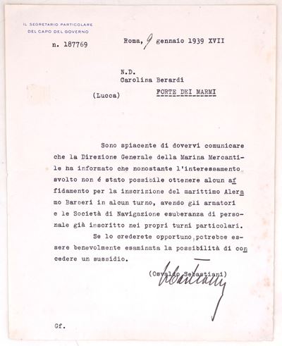 Osvaldo Sebastiani, Lettera dattiloscritta con firma autografa (Roma, 9 gennaio 1939-XVII)