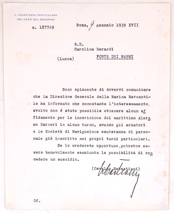 Lettera dattiloscritta con firma autografa di Osvaldo Sebastiani, Segretario particolare del Capo del Governo, Roma, 1939-XVII  - Asta Asta a Tempo - Il Secolo della Propaganda: manifesti, volantini, documenti politici ed ephemera d'archivio - Casa d'Aste Arcadia