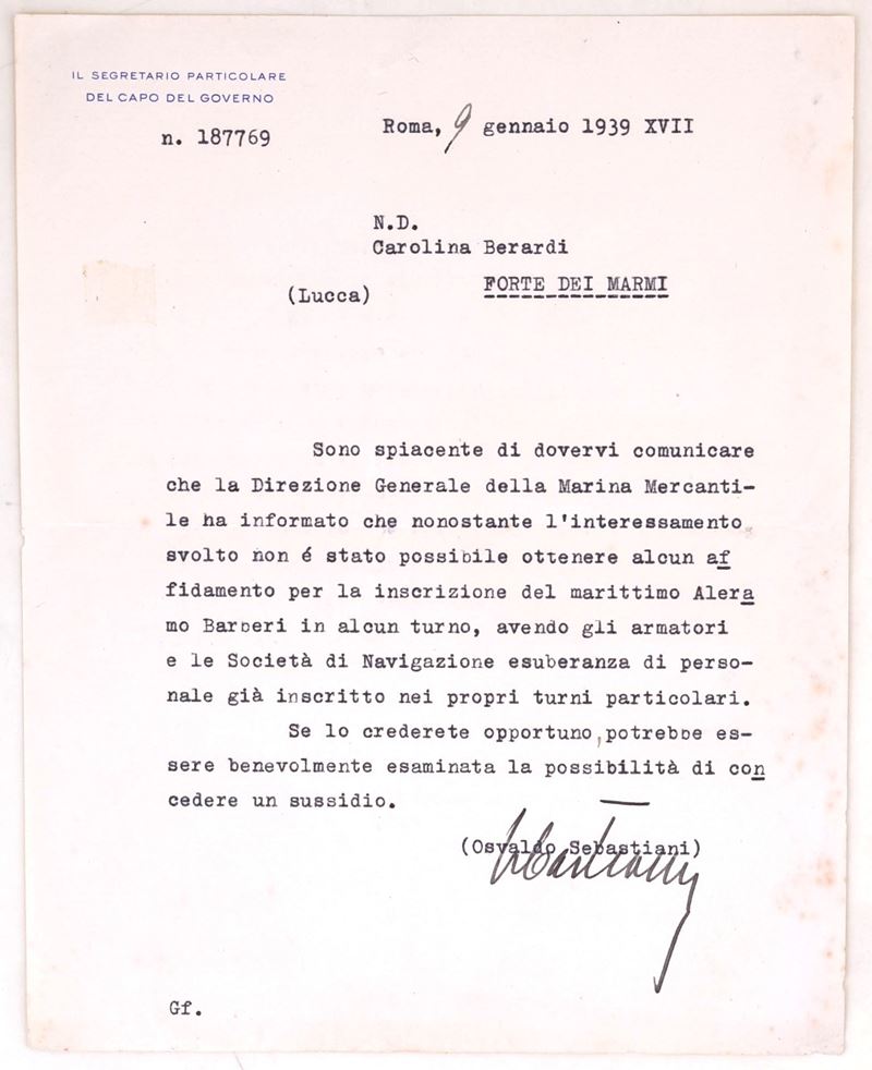 Osvaldo Sebastiani, Lettera dattiloscritta con firma autografa (Roma, 9 gennaio 1939-XVII)