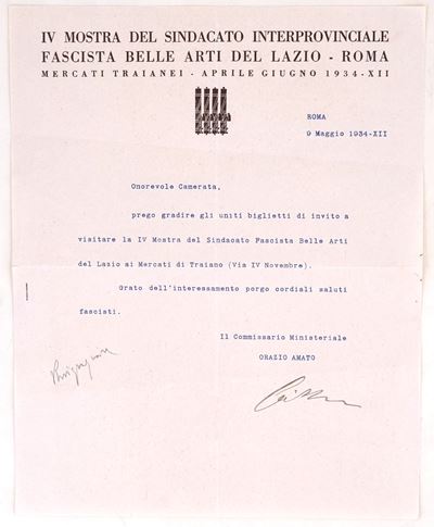 Orazio Amato, Lettera dattiloscritta firmata per la IV Mostra del Sindacato Interprovinciale Fasc...