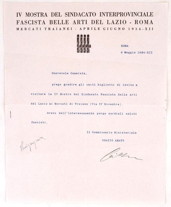 Lettera dattiloscritta firmata da Orazio Amato per la IV Mostra del Sindacato Interprovinciale Fascista Belle Arti del Lazio, 1934