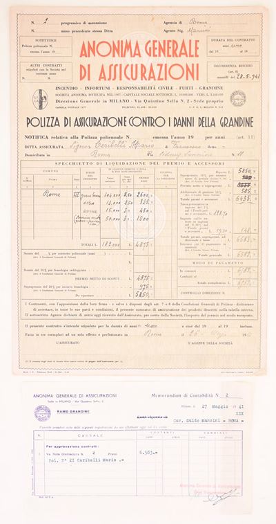Polizza di assicurazione contro i danni della grandine, Roma, 28 maggio 1941 (XIX), documento pre...