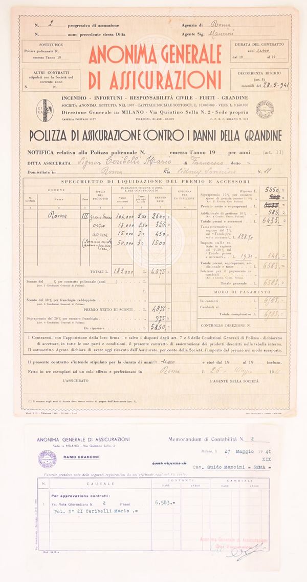 Polizza di assicurazione contro i danni della grandine, Roma, 1941