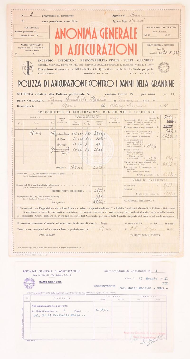 Polizza di assicurazione contro i danni della grandine, Roma, 28 maggio 1941 (XIX), documento pre...
