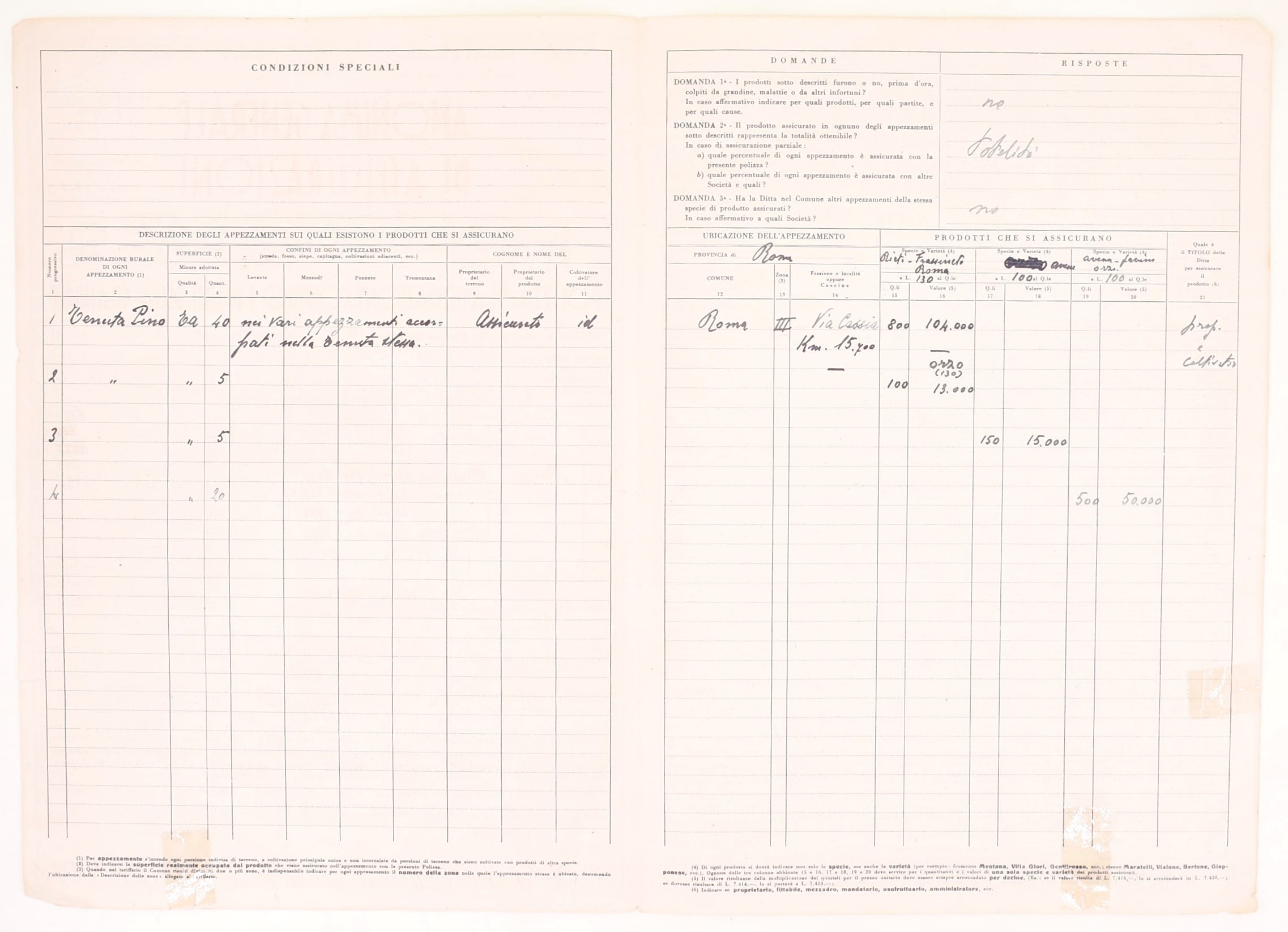 Polizza di assicurazione contro i danni della grandine, Roma, 28 maggio 1941 (XIX), documento pre...