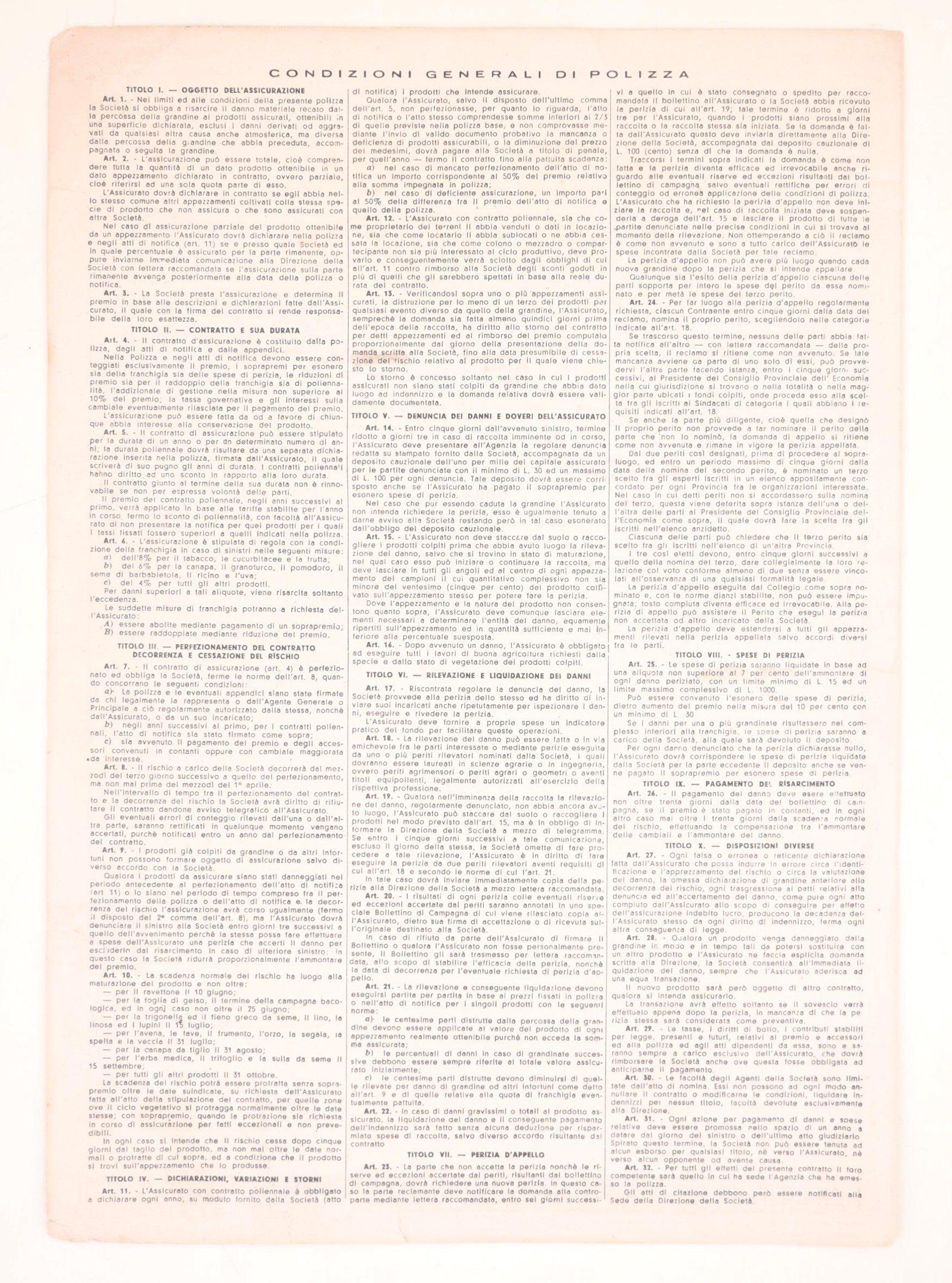 Polizza di assicurazione contro i danni della grandine, Roma, 28 maggio 1941 (XIX), documento pre...