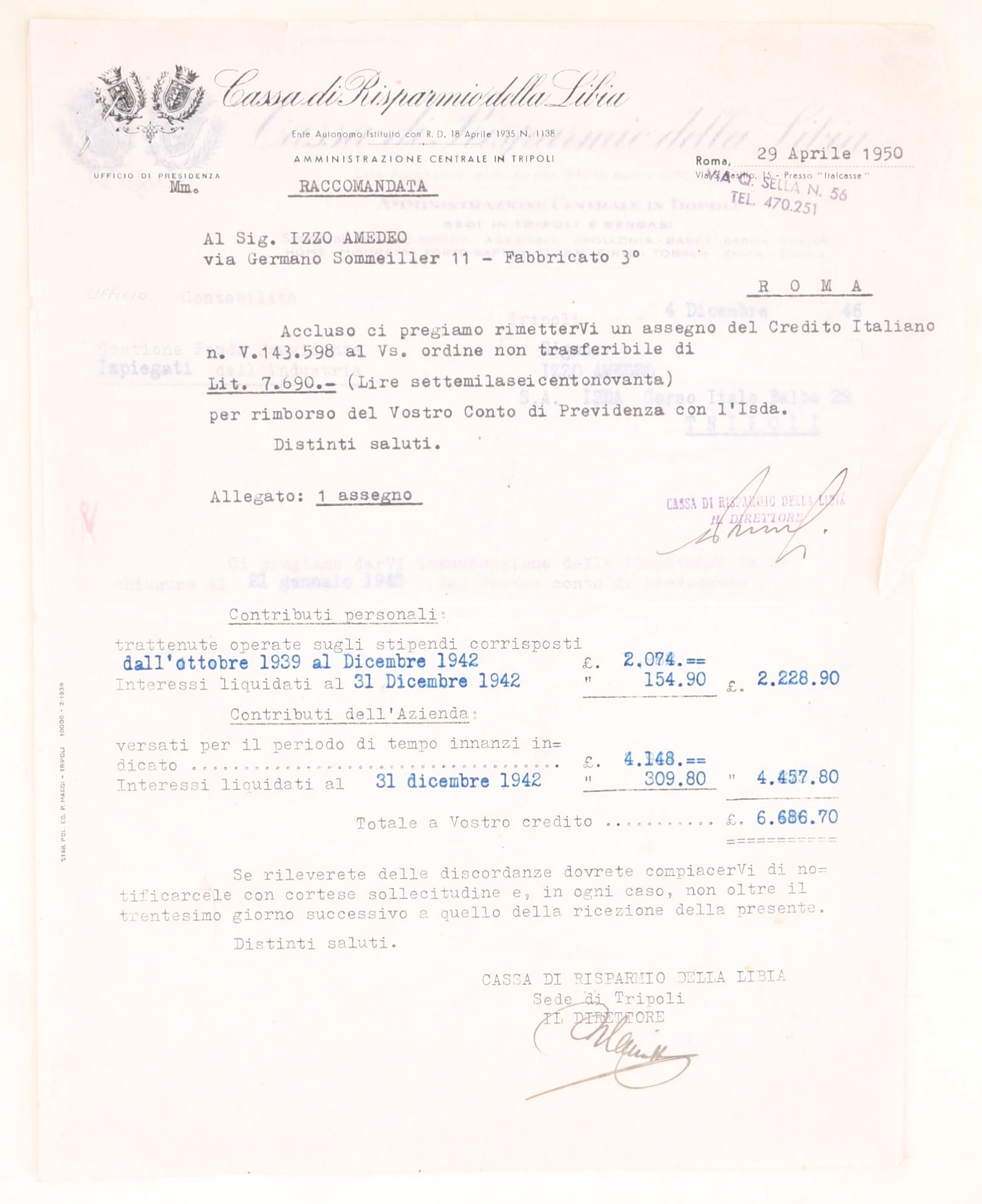 Documenti dattiloscritti, Amedeo Izzo, Tripoli (1928-VI/1928-VII e 1950), carte amministrative
