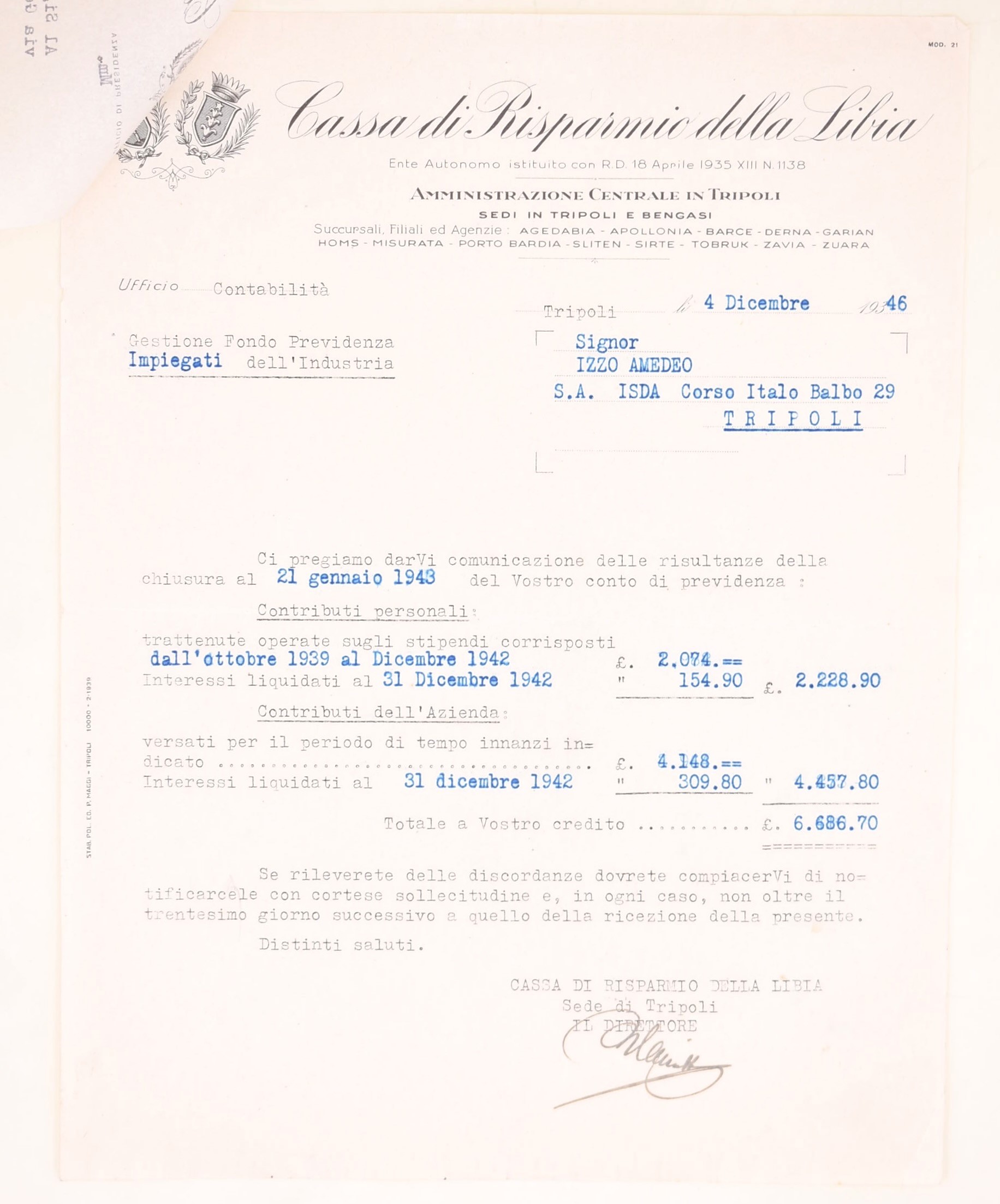 Documenti dattiloscritti, Amedeo Izzo, Tripoli (1928-VI/1928-VII e 1950), carte amministrative