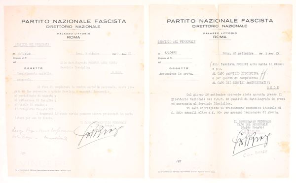 Lettere dattiloscritte del Partito Nazionale Fascista con firme autografe di Gino Braga, Roma, 1942  - Asta Asta a Tempo - Il Secolo della Propaganda: manifesti, volantini, documenti politici ed ephemera d'archivio - Casa d'Aste Arcadia