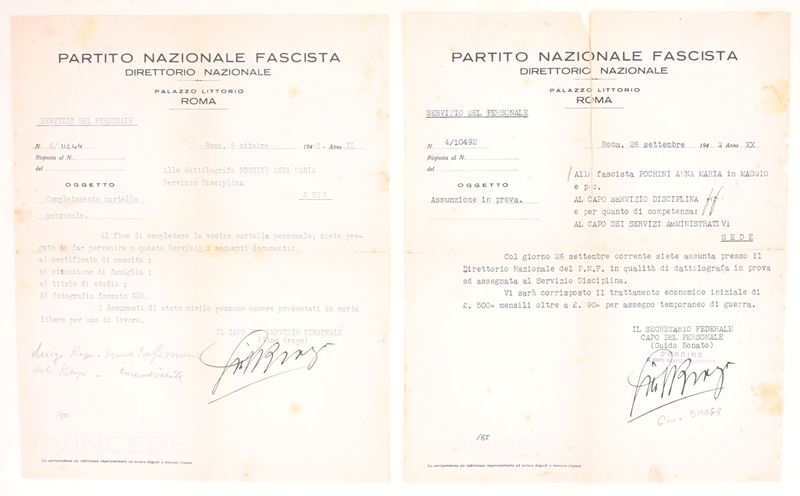 Gino Braga, Lettere dattiloscritte del Partito Nazionale Fascista (Roma, 1942) con firme autograf...
