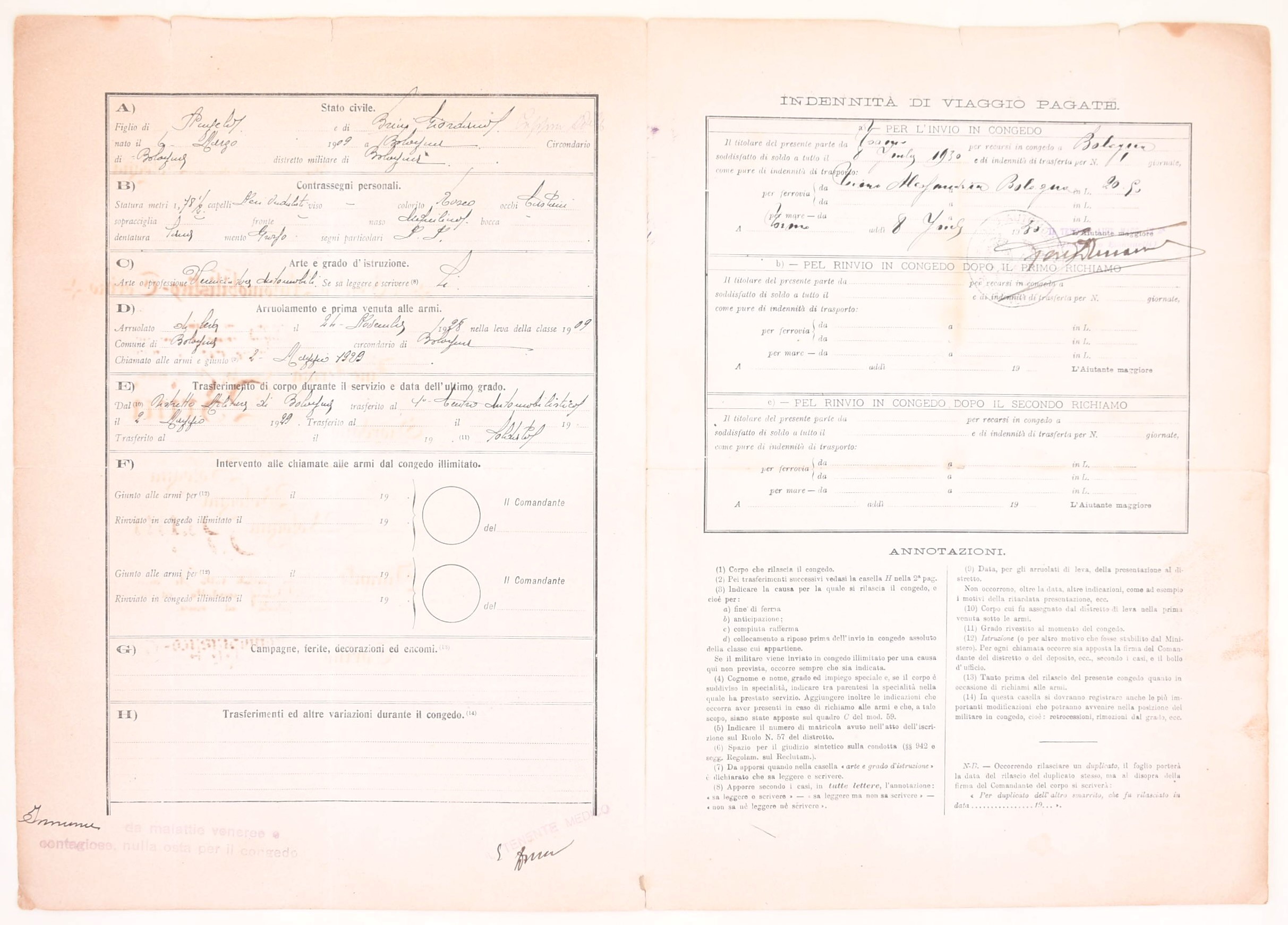 Regio Esercito Italiano, Fogli di congedo illimitato (1930 ca), documenti su moduli ufficiali