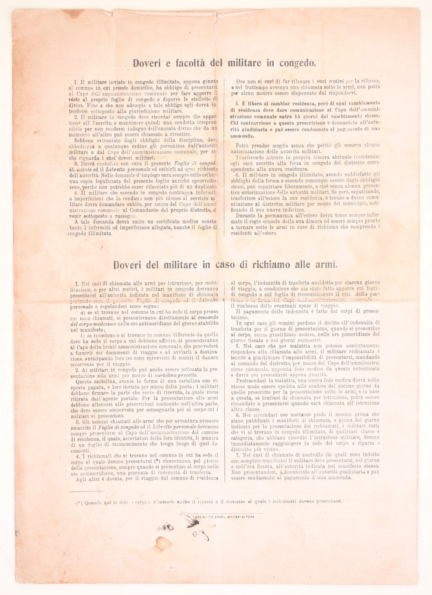 Regio Esercito Italiano, Fogli di congedo illimitato (1930 ca), documenti su moduli ufficiali