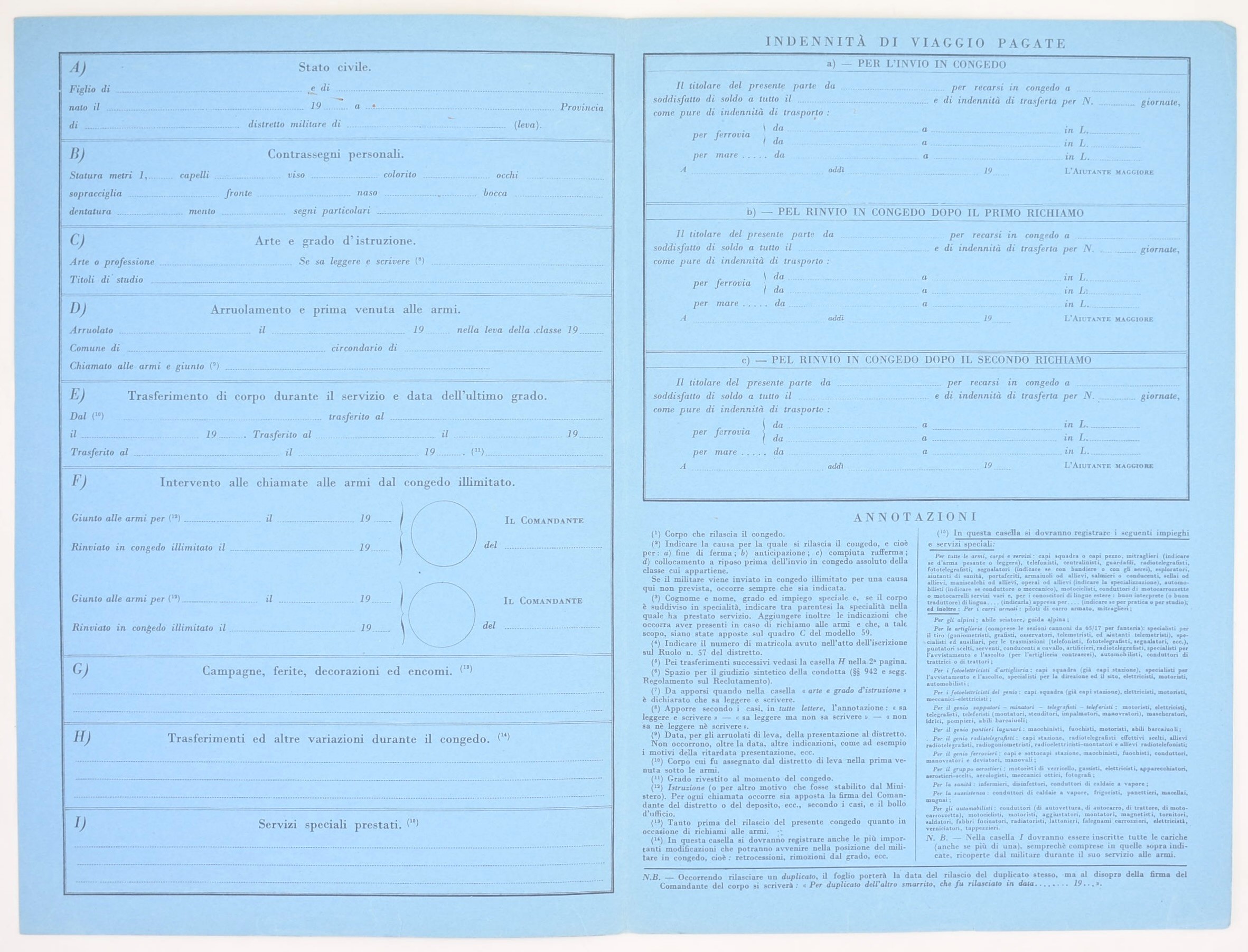 Regio Esercito Italiano, Fogli di congedo illimitato (1930 ca), documenti su moduli ufficiali