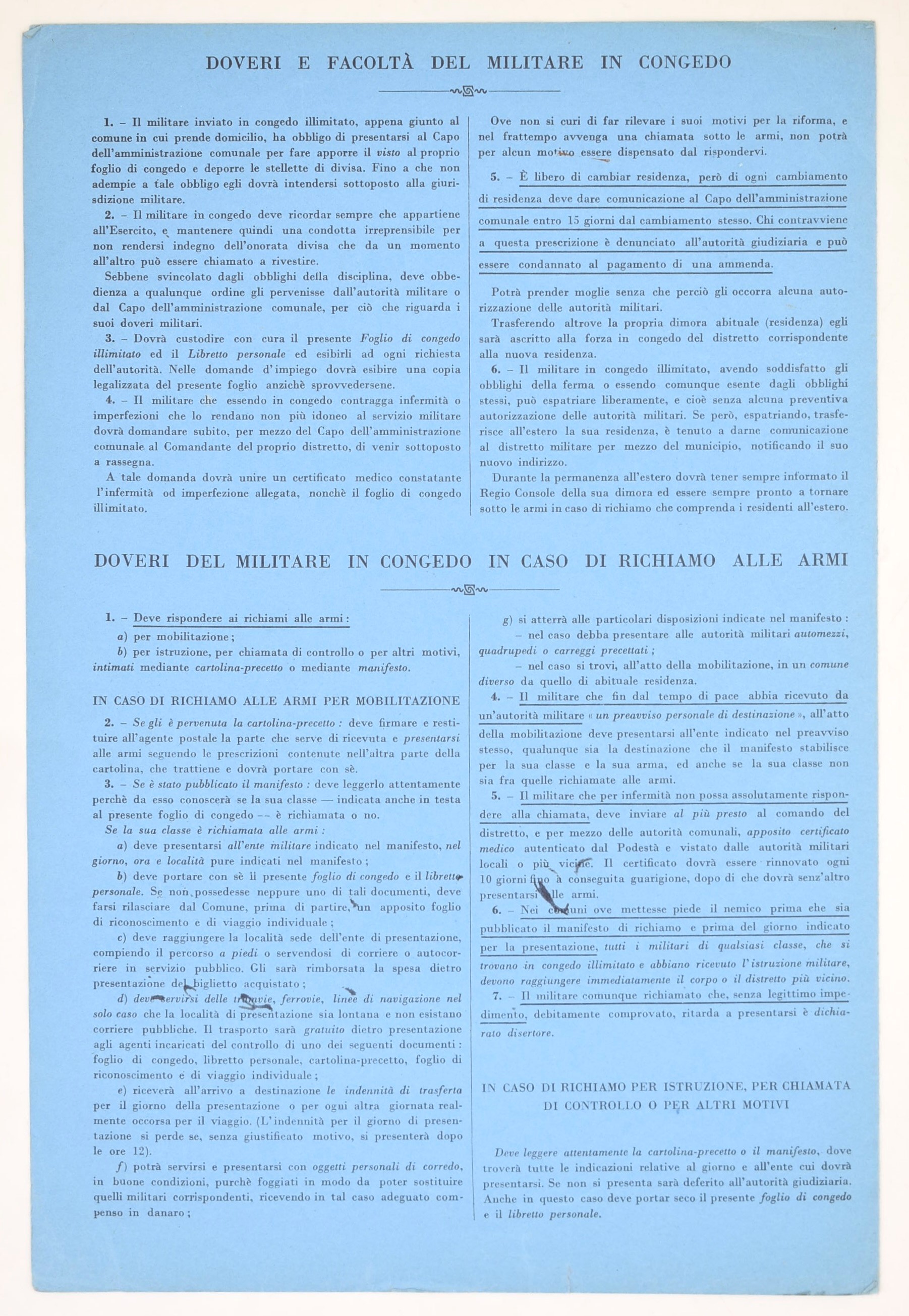 Regio Esercito Italiano, Fogli di congedo illimitato (1930 ca), documenti su moduli ufficiali