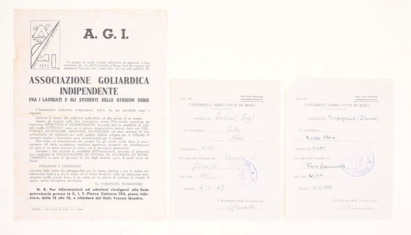 Documenti universitari romani, Associazione Goliardica Indipendente e Università degli Studi di Roma, 1947 ca.  - Asta Asta a Tempo - Il Secolo della Propaganda: manifesti, volantini, documenti politici ed ephemera d'archivio - Casa d'Aste Arcadia