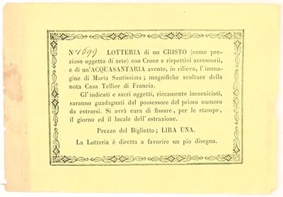 Biglietto di lotteria religiosa, numerazione 482, stampa su carta gialla