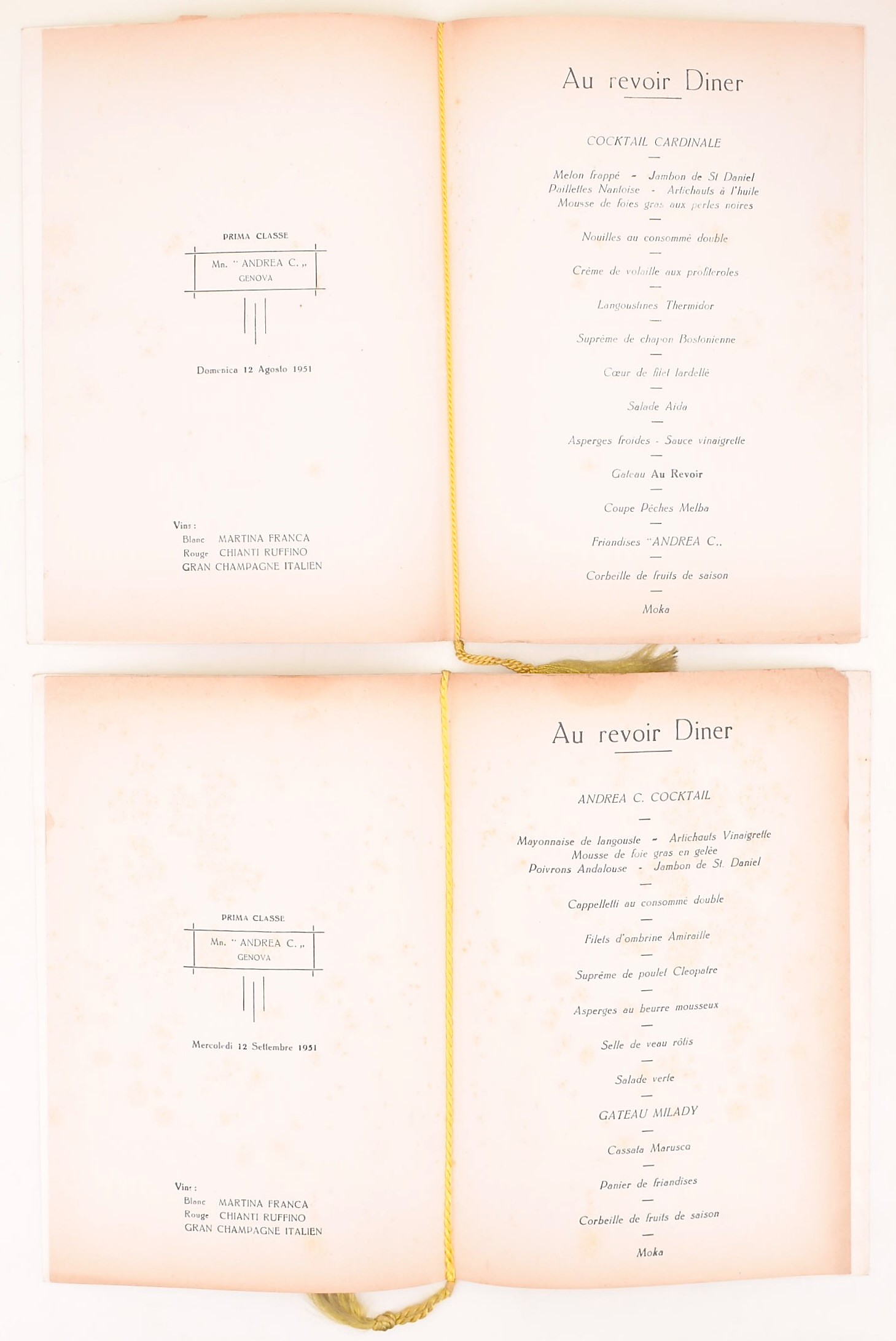 Linea C, Coppia di menu di bordo (Prima Classe), 12 agosto e 12 settembre 1951