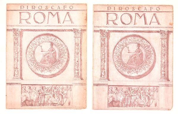 Coppia di menu del piroscafo Roma, Navigazione Generale Italiana, 1928, con copertine illustrate da L. Rossignoli