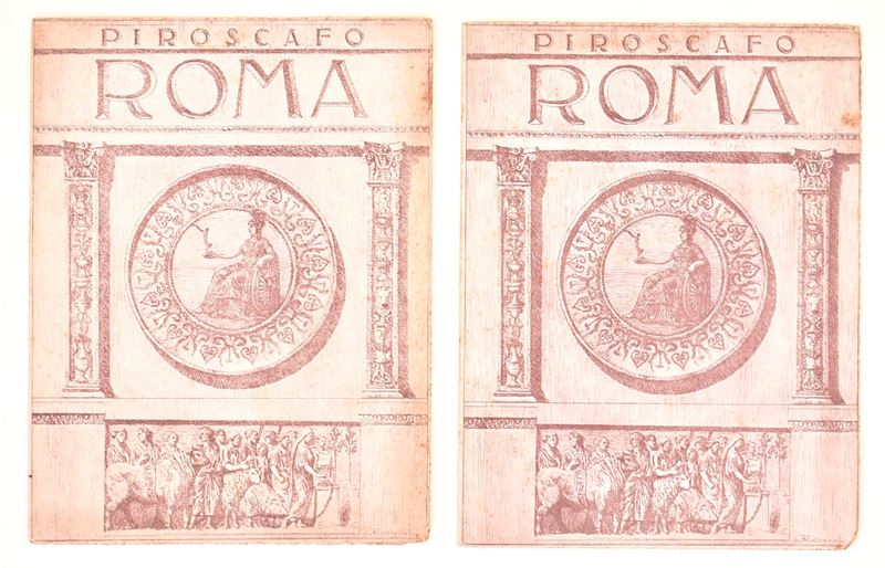 L. Rossignoli, Coppia di menu del piroscafo Roma (Navigazione Generale Italiana), 20 e 26 settemb...
