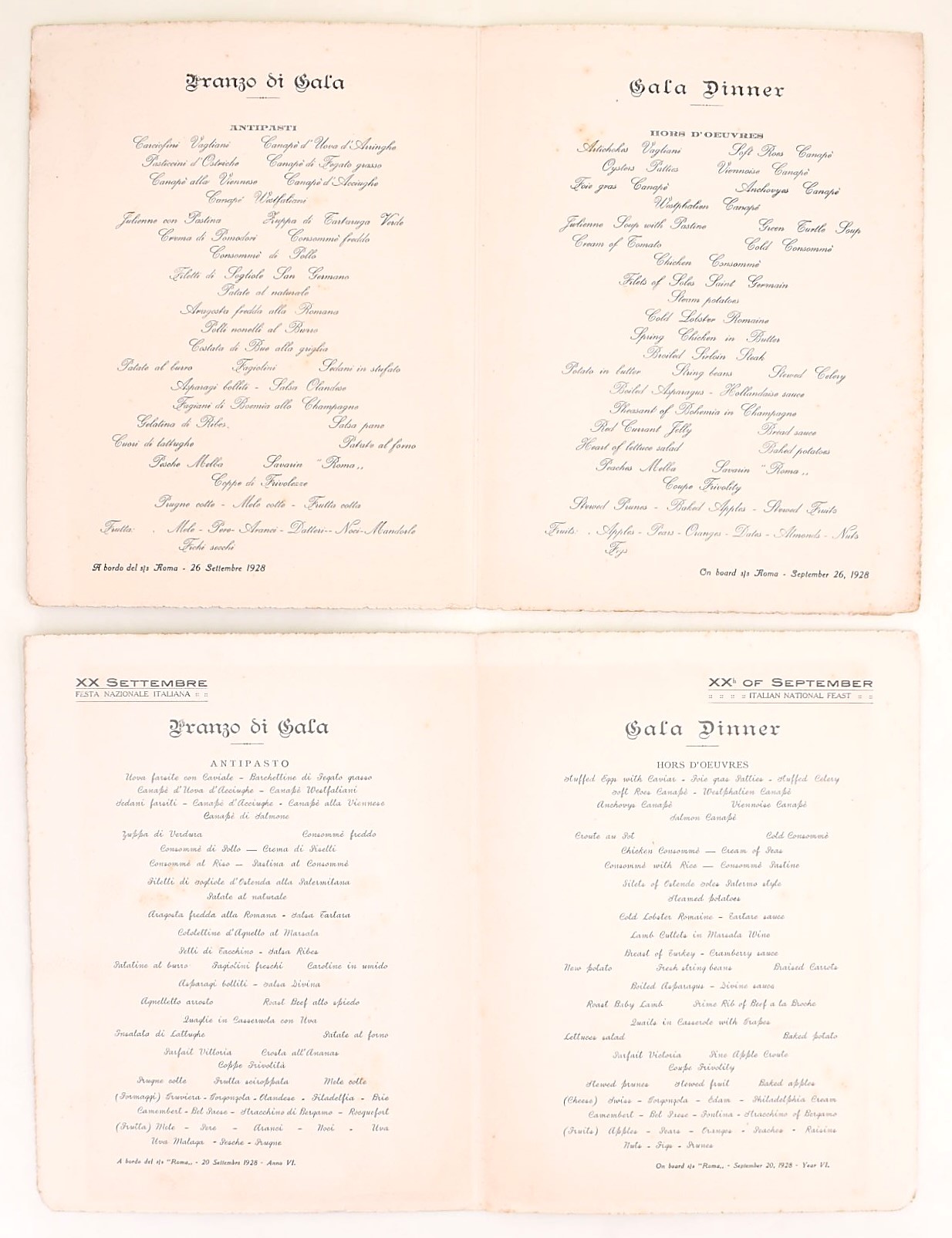 L. Rossignoli, Coppia di menu del piroscafo Roma (Navigazione Generale Italiana), 20 e 26 settemb...